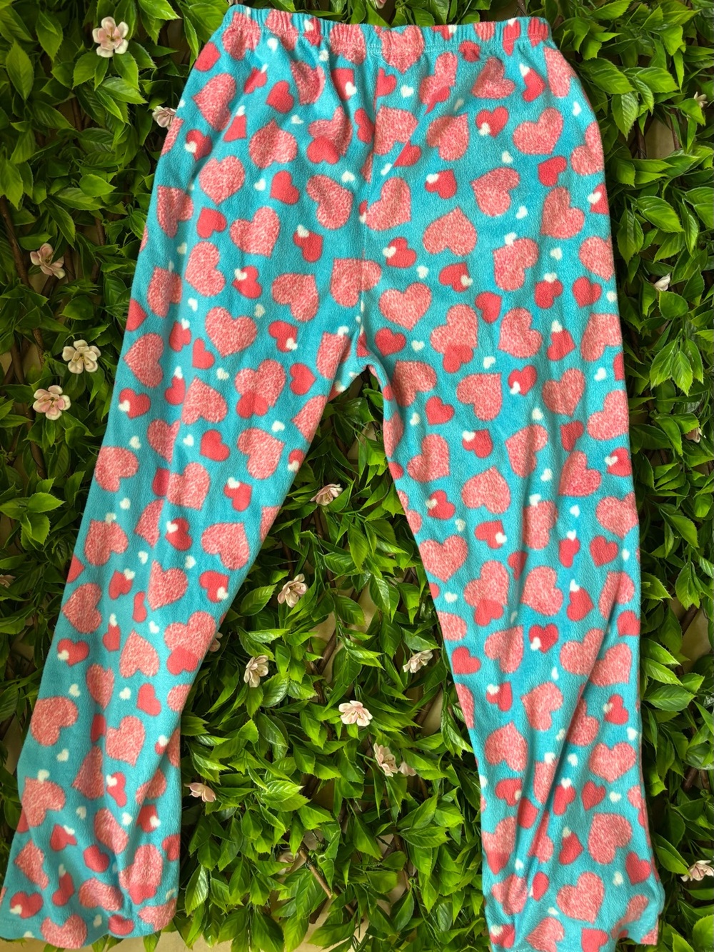 Fleece Pajama Pants - Turquoise with Pink Hearts